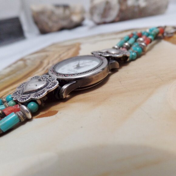 Peyote Bird Santa Fe Wrist Watch Sterling Turquoise and coral - Picture 11 of 13